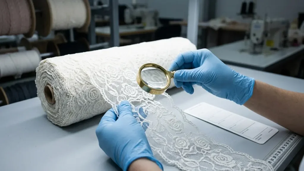 examining a roll of white lace trim