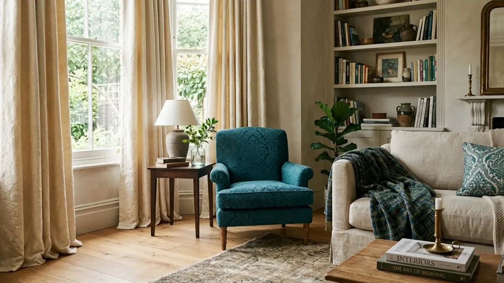 jacquard fabric used in three ways in the same room