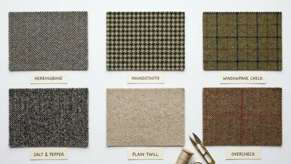 Flat lay of six tweed fabric