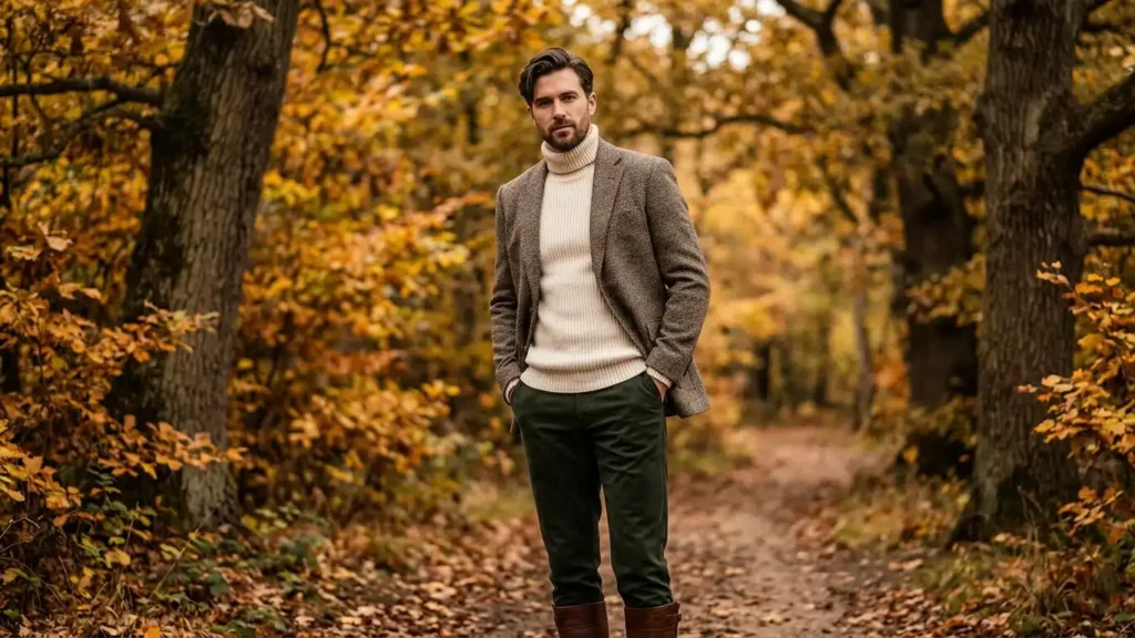 Stylish man wearing herringbone tweed jacket