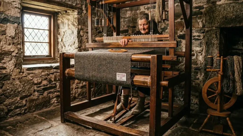 Traditional treadle loom weaving Harris tweed