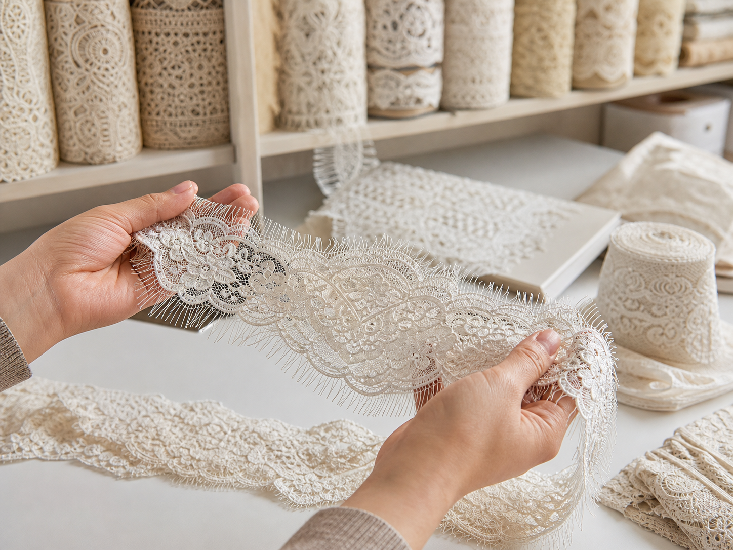 Real close-up inspection of ivory eyelash border lace fringe