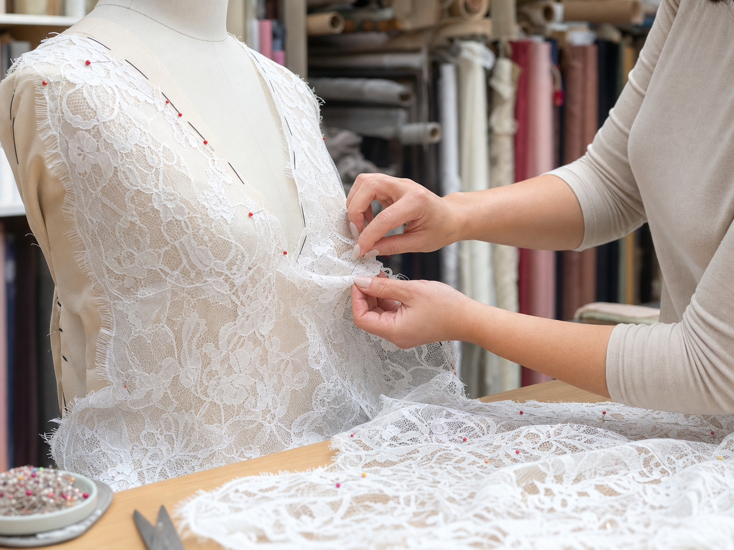 Lace fabric basted onto a garment sample to review seam distortion