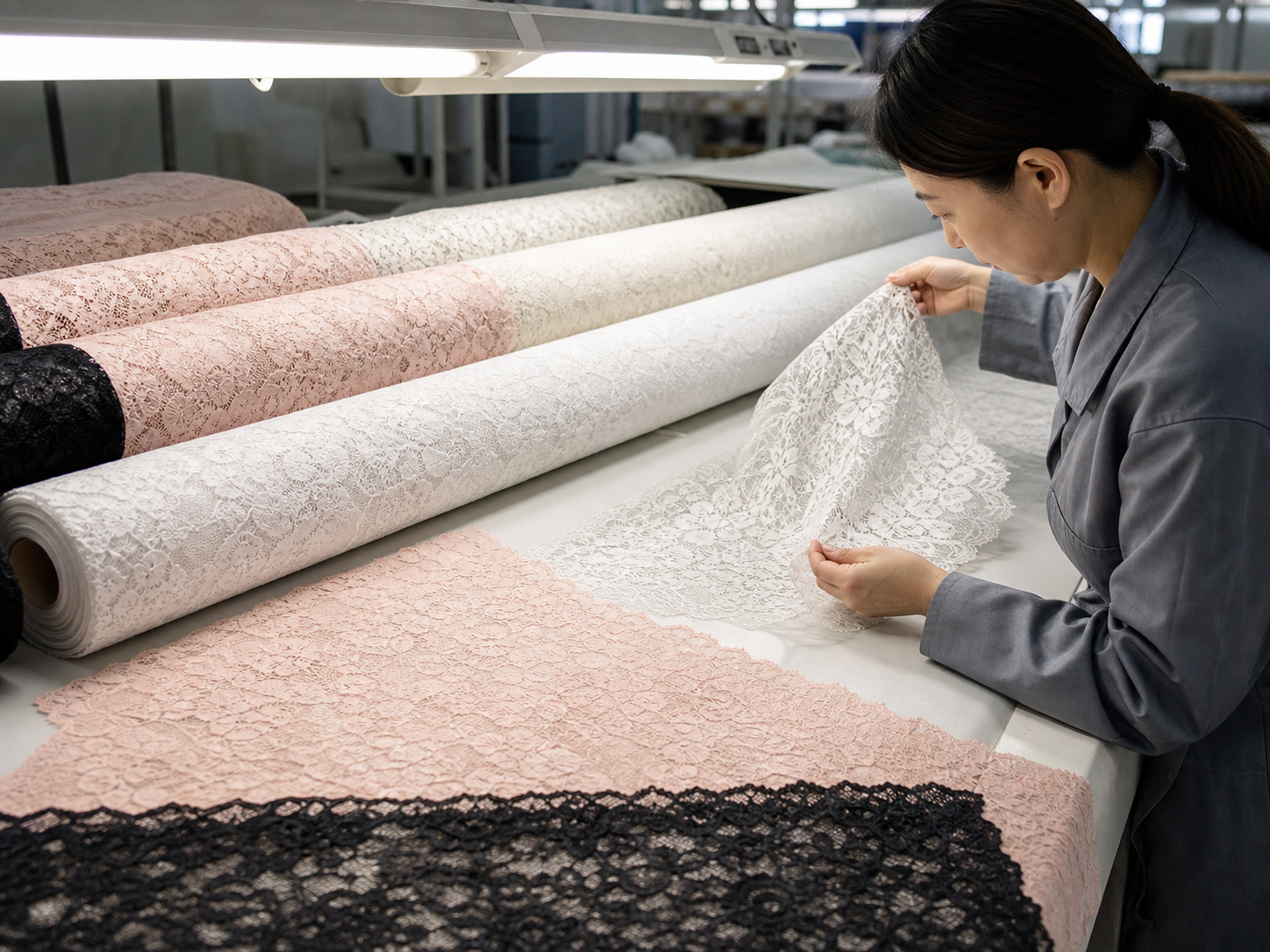 Lace fabric rolls and relaxed swatches inspected under factory lighting