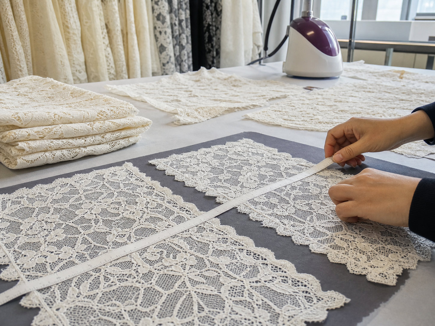 Lace fabric swatches measured during shrinkage and relaxation testing