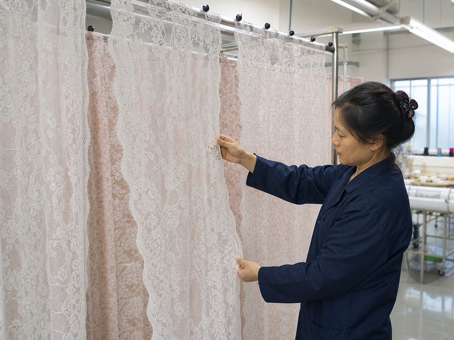 Lace panels checked after steaming for edge curl and repeat alignment