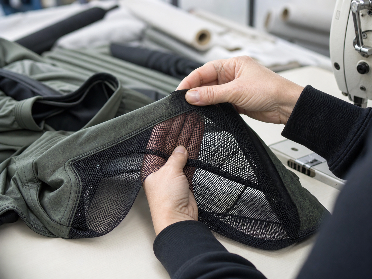 Mesh panel seam and sample garment review in a factory workshop