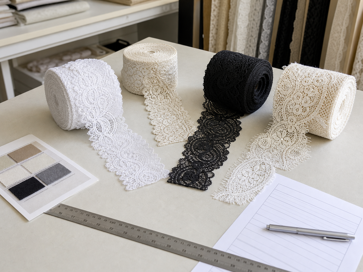 Lace trim rolls and color swatches prepared for by-the-yard sourcing review