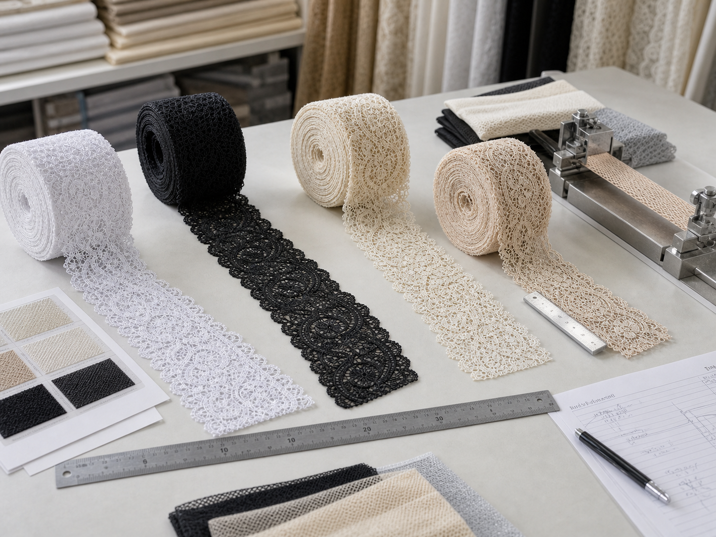 Lace trim rolls compared for color, pattern, and bulk order consistency