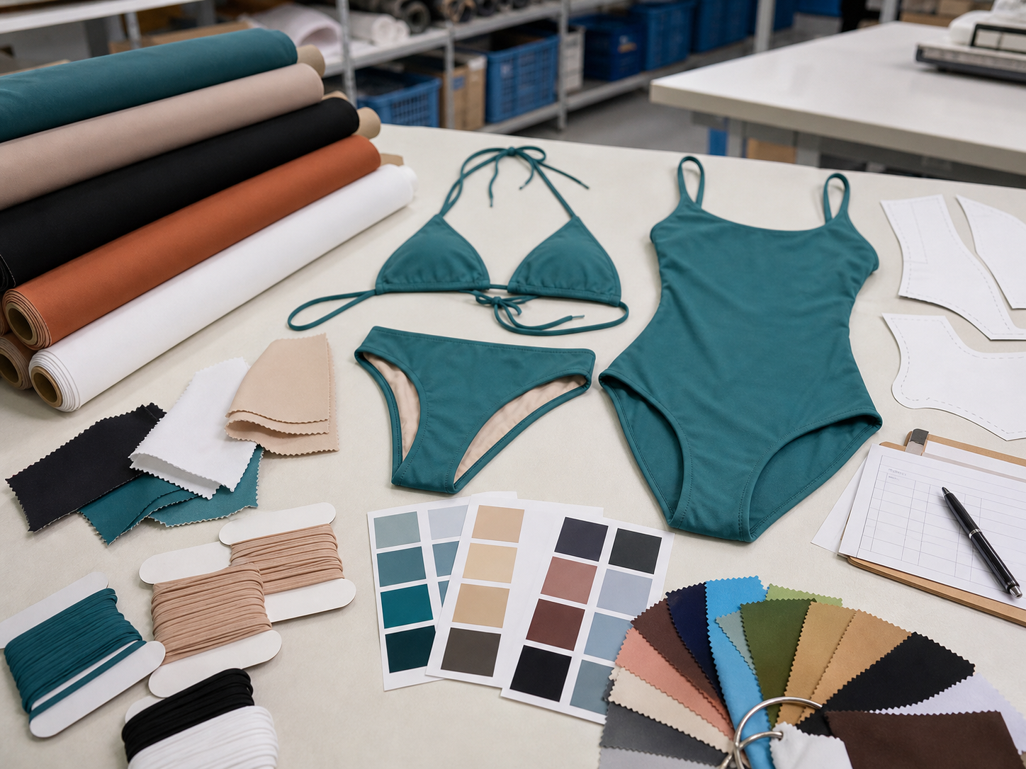 Swimwear production approval desk with shell fabric, lining, elastic, color cards, and pattern pieces