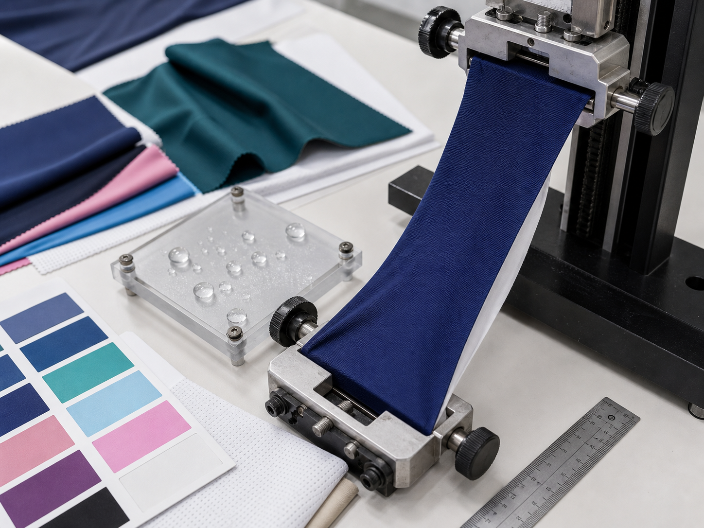 Swimwear fabric stretch, recovery, water, and opacity testing on a textile lab bench
