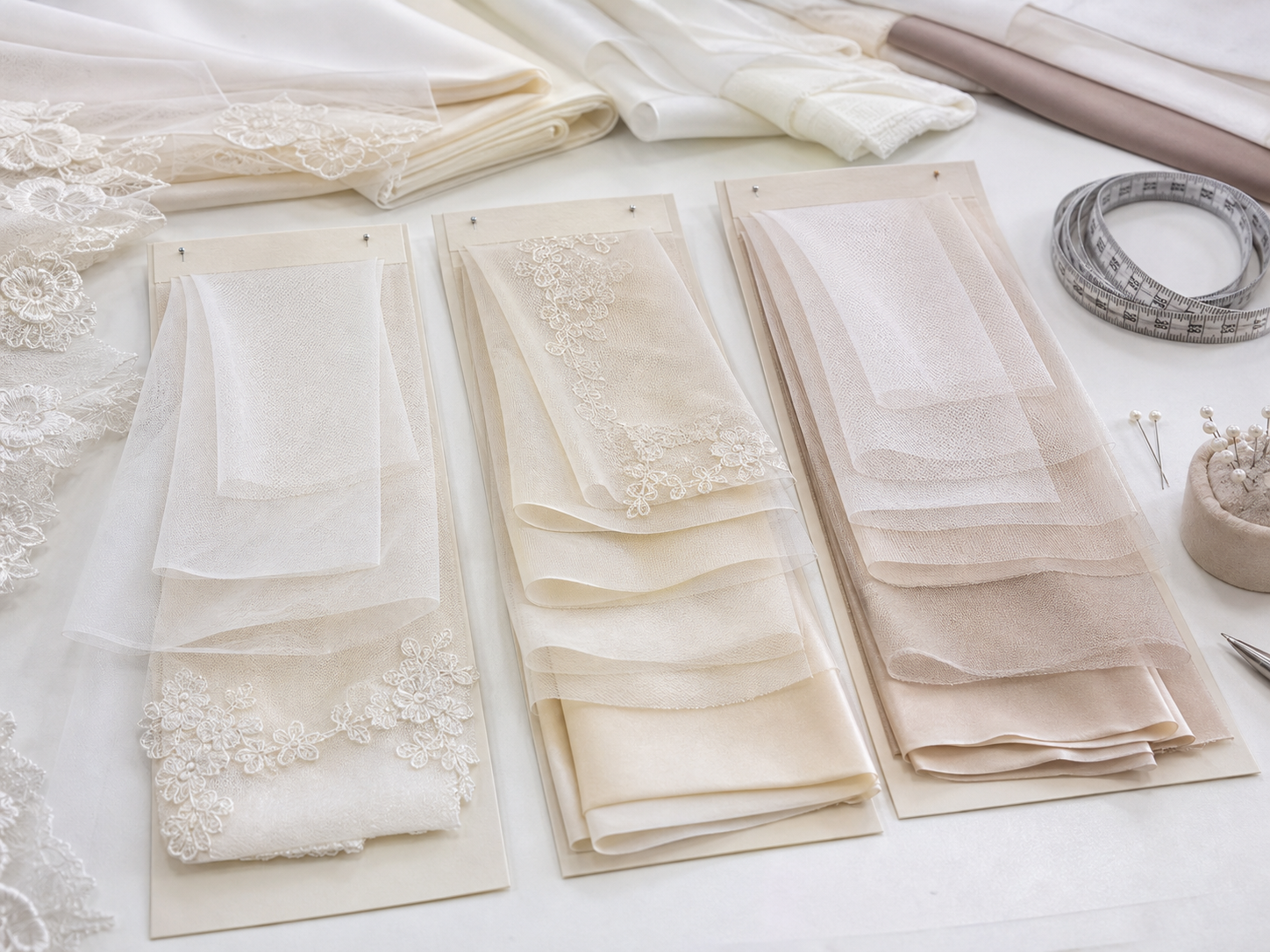 Wedding dress fabric layering test with tulle, organza, satin, lining, and backing colors