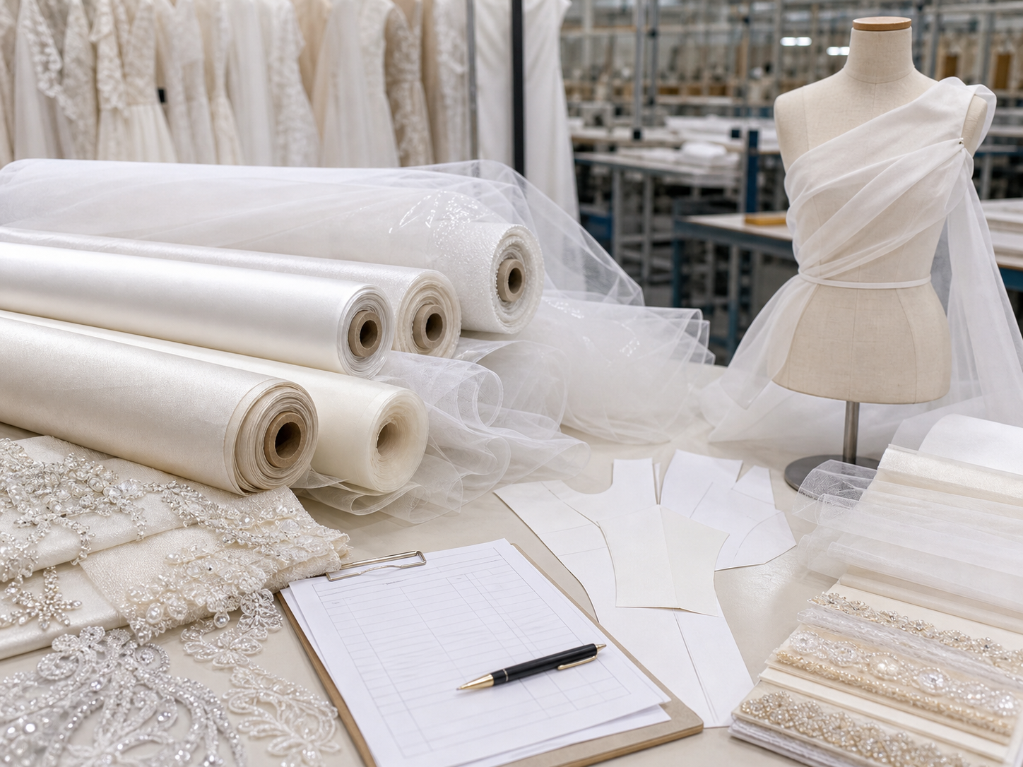 Wedding dress production approval desk with satin, tulle, chiffon, organza, lining, and bodice pattern pieces