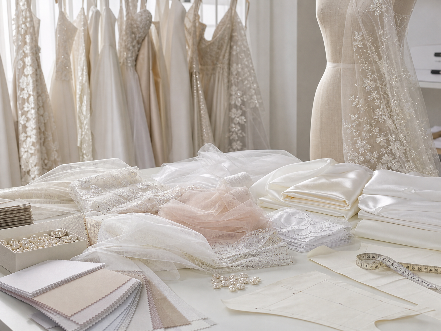 Wedding dress fabric sourcing table with satin, tulle, organza, chiffon, lining, and pattern pieces