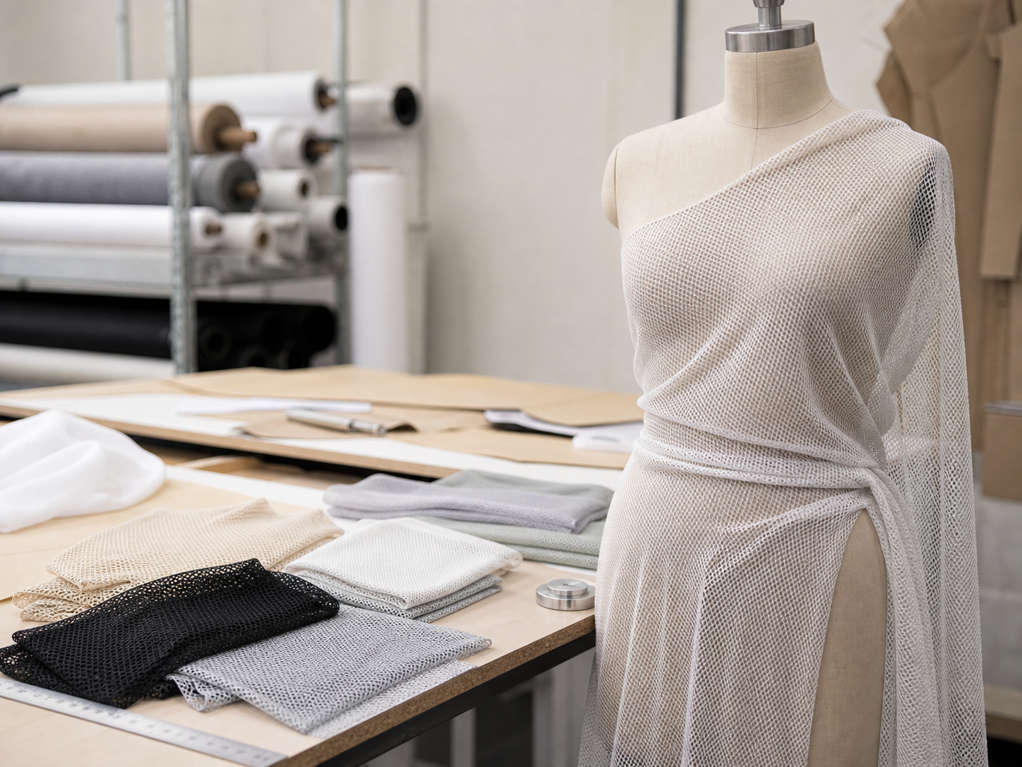 Wholesale mesh fabric bulk roll approval at factory inspection table