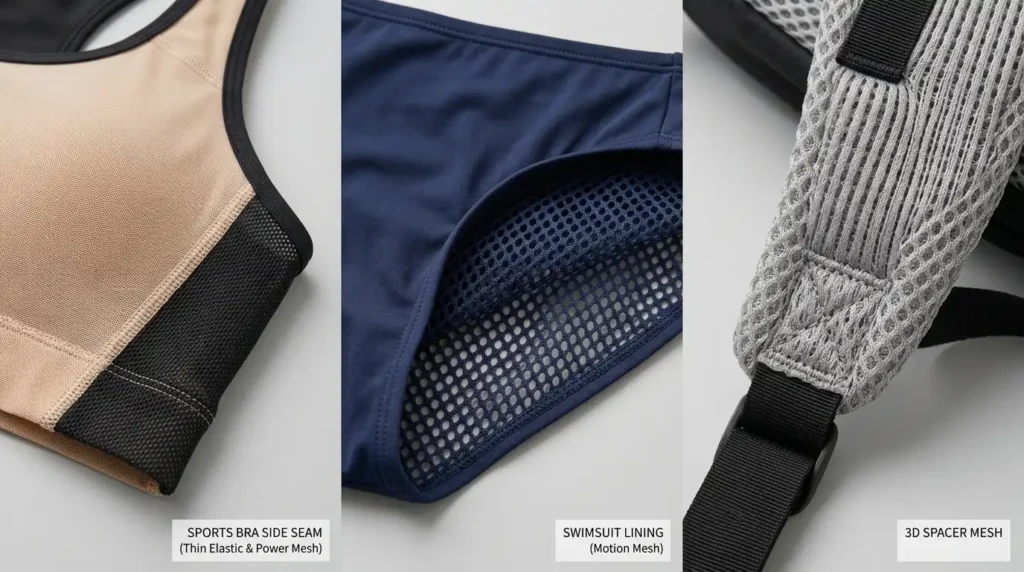 Power mesh fabric panel used in activewear sports bra construction
