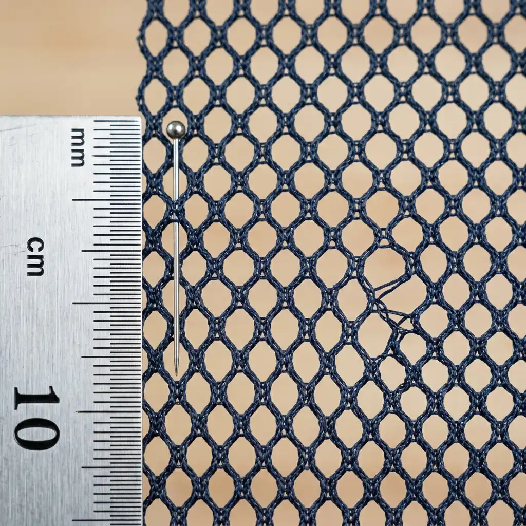Macro close-up of warp-knit mesh fabric loop structure