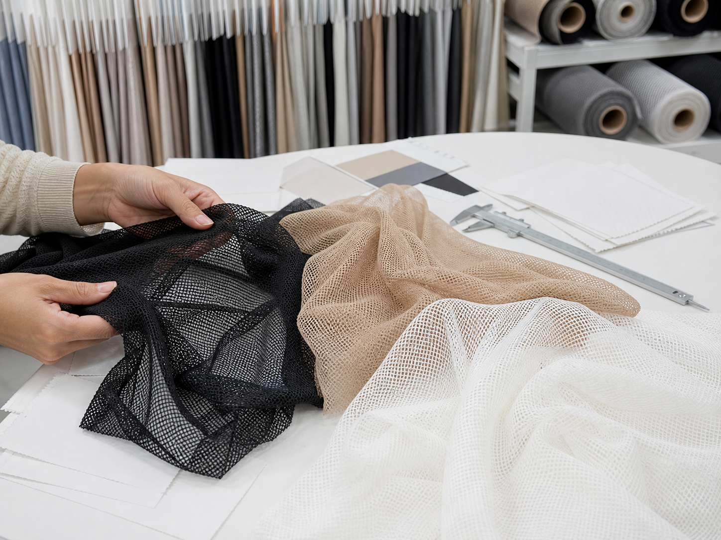 Mesh fabric prototype review on dress form and development table