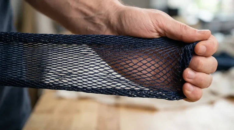 Hand stretching power mesh fabric to show elasticity and recovery