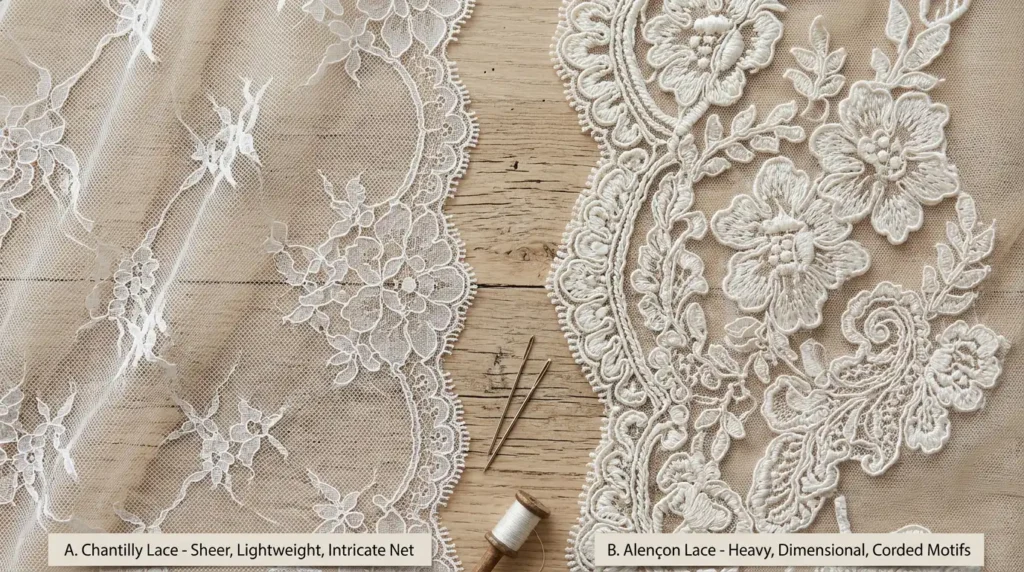 Lightweight sheer lace swatch next to a heavy corded lace swatch for skirts Caption