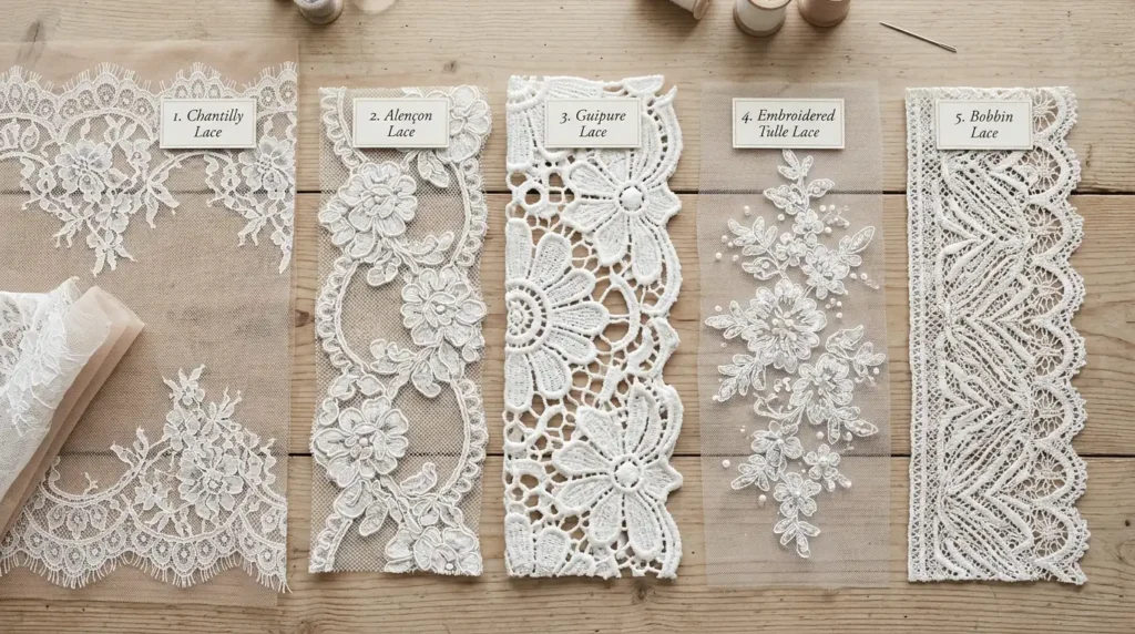 Several types of bridal lace fabric swatches laid side by side showing different patterns Caption
