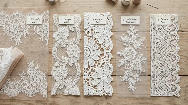 Several types of bridal lace fabric swatches laid side by side showing different patterns Caption