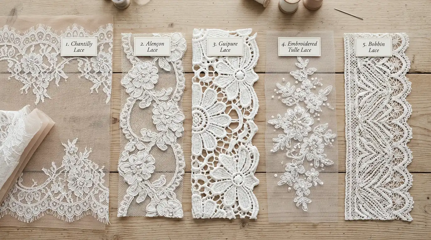 Several types of bridal lace fabric swatches laid side by side showing different patterns Caption