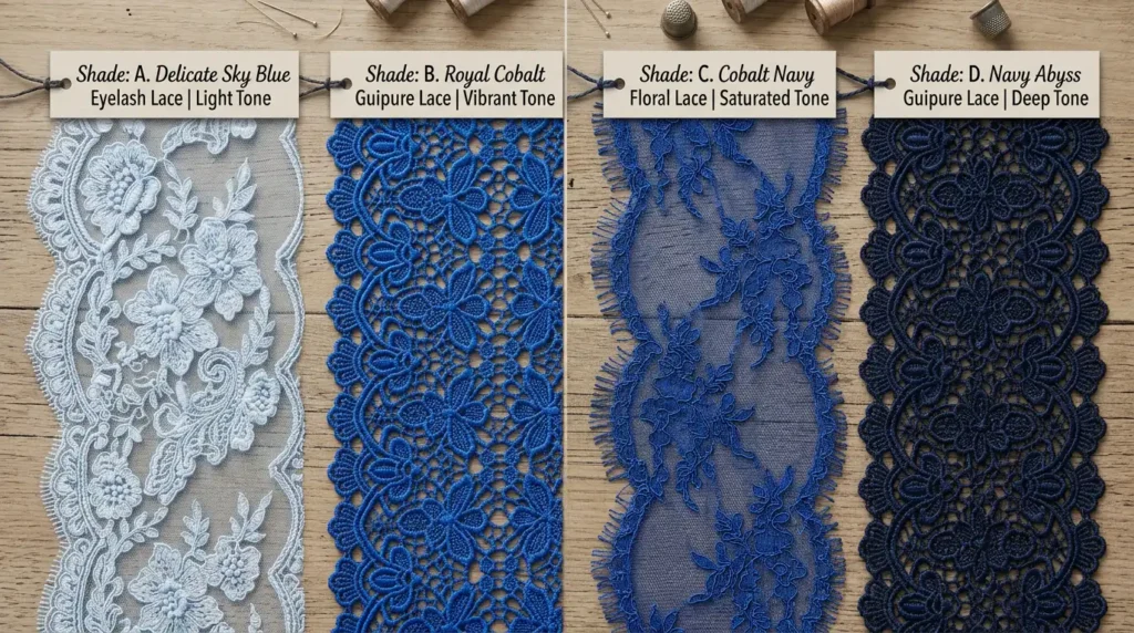 Powder blue, royal blue, and navy eyelash lace swatches arranged side by side