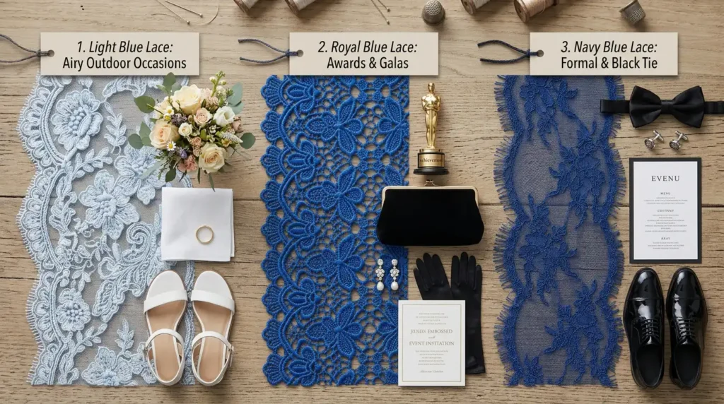 Navy, royal blue, and powder blue lace paired with formal occasion styling elements Caption