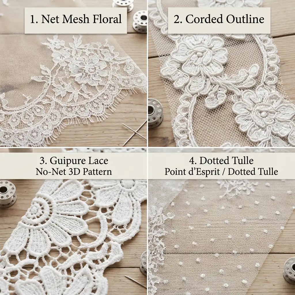 Close-up detail comparison of Chantilly, Alençon, Guipure, and Point d'Esprit lace patterns Caption