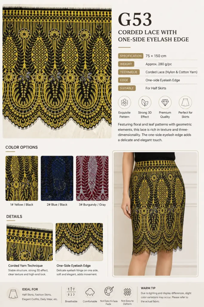 G53 corded lace fabric in three colorways with a finished skirt made from it Caption