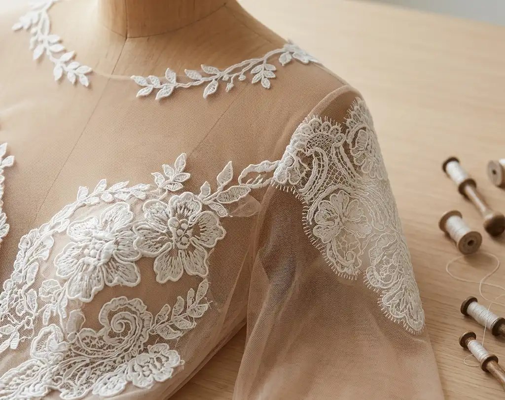 Illusion neckline detail showing lace motifs on skin-tone tulle base Caption