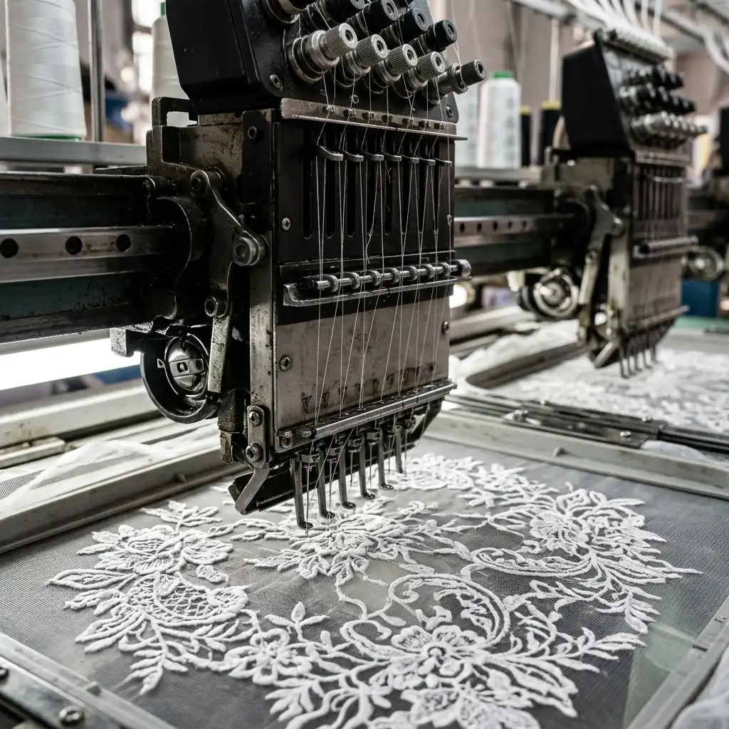 Close-up of an embroidery machine producing dense floral lace pattern Caption