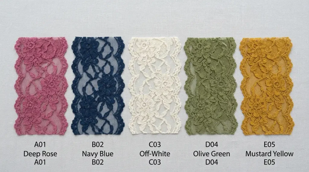Color swatch cards of the same lace pattern in five different colors Caption