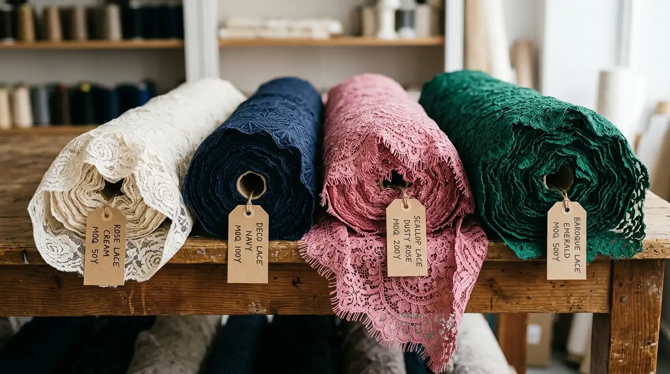 Rolls of lace fabric in different colors and patterns lined up on a table Caption