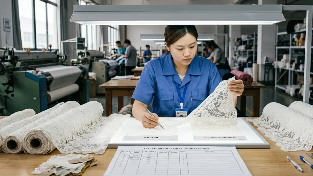 Quality inspector checking lace fabric sample against a technical data sheet Caption