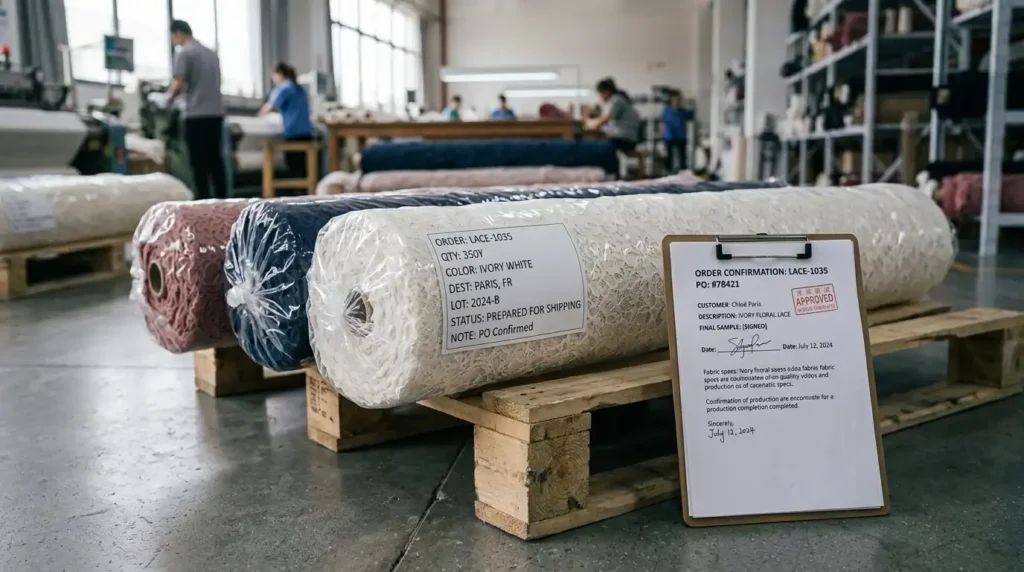 Packed lace fabric rolls with an order confirmation sheet ready for shipment Caption