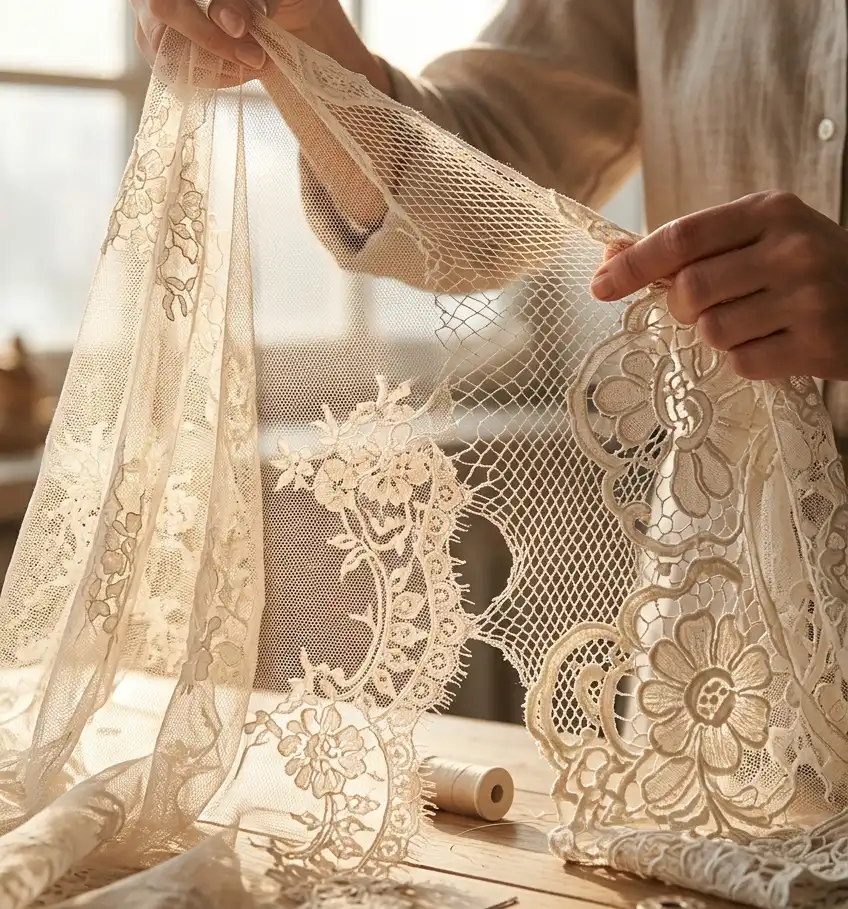 Lace fabric held up to light showing sheerness and drape differences Caption