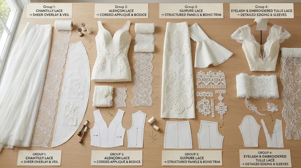 Lace fabric swatches arranged next to wedding dress pattern pieces Caption