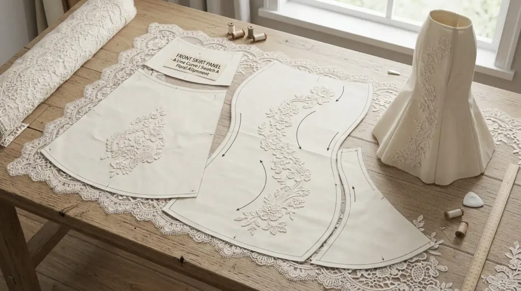 Curved skirt pattern piece laid over lace fabric to match the motif repeat Caption