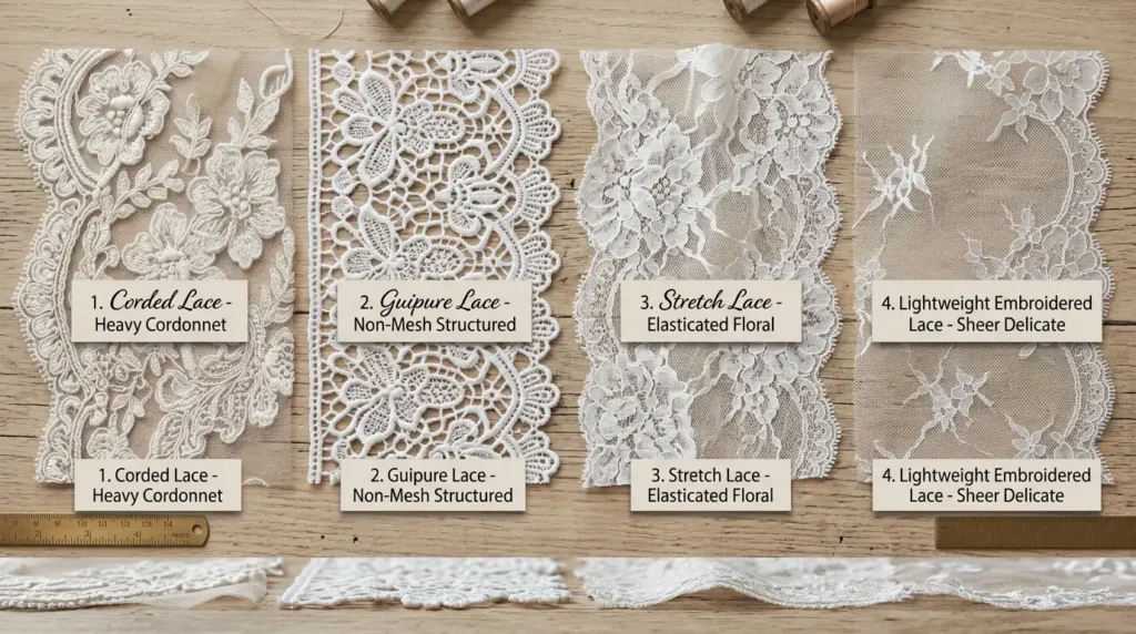 Four lace fabric types for skirts arranged side by side showing texture differences Caption