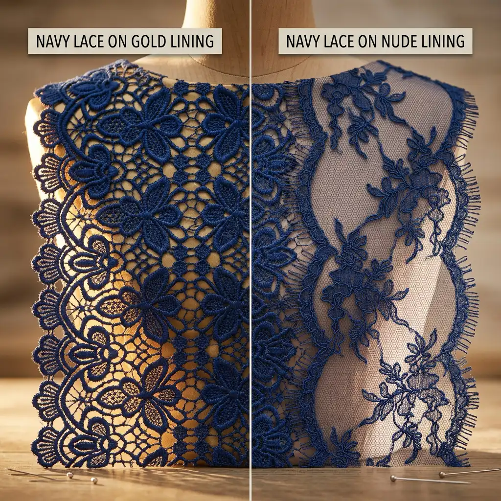 Navy eyelash lace shown over gold lining and nude lining for comparison Caption