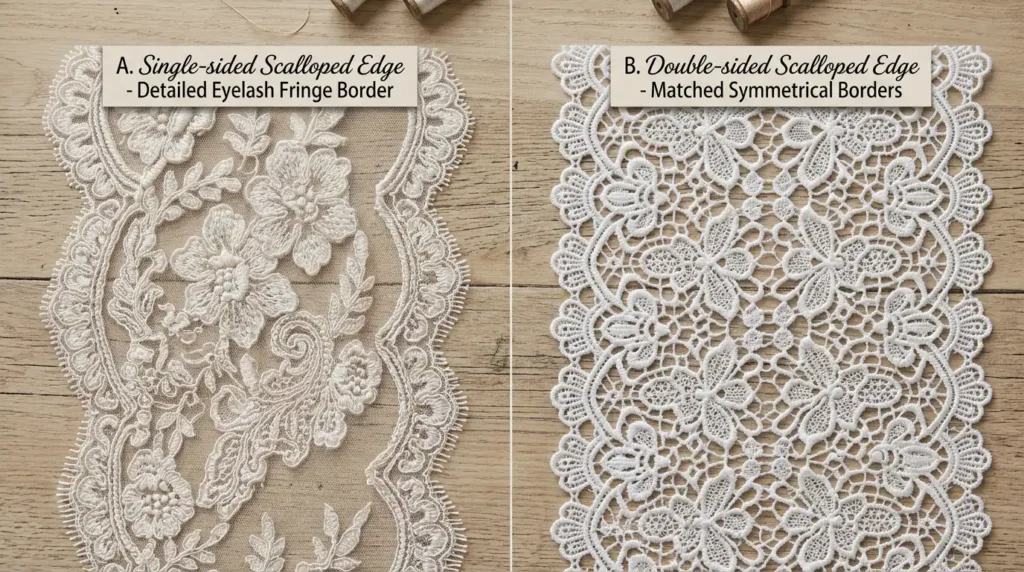 One-side scalloped lace edge compared to double-sided scalloped lace edge Caption