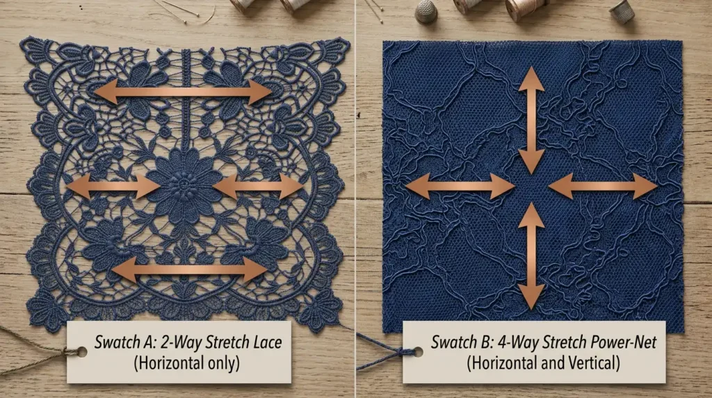 Diagram comparing 2-way and 4-way stretch fabric directions Caption