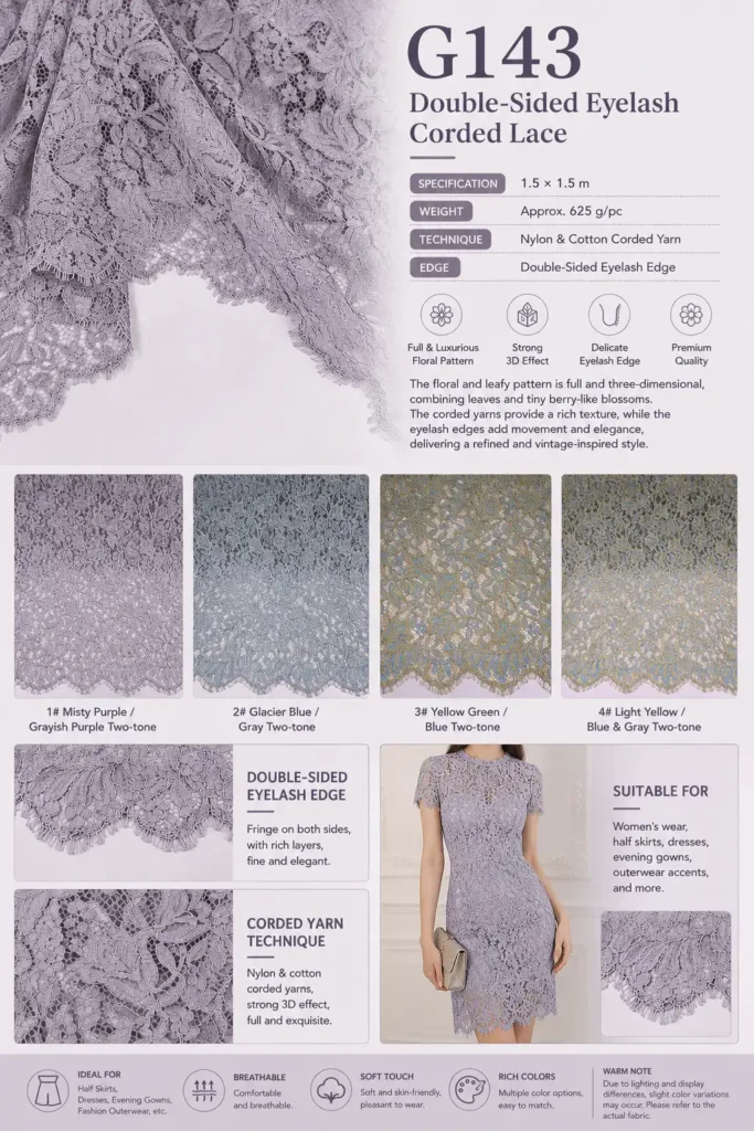 G143 double-sided eyelash corded lace in four two-tone colorways with a finished dress Caption