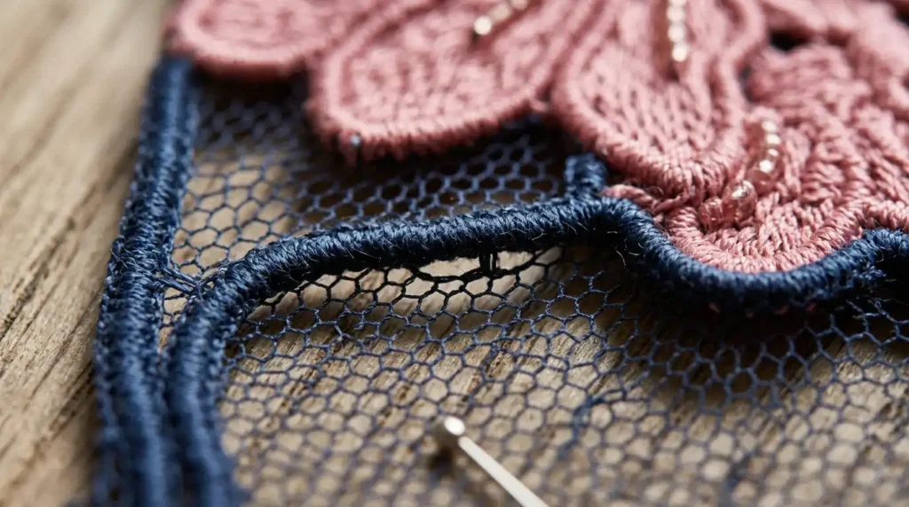 Close-up of raised cord yarn outlining a lace motif edge Caption