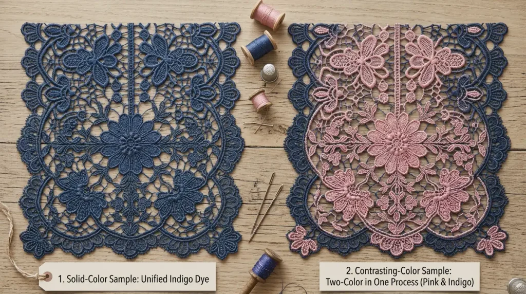 Single-color lace compared to two-tone cross-dyed corded lace Caption