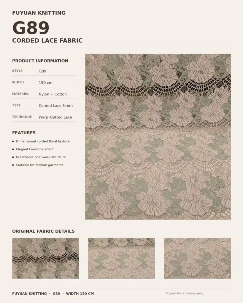 G89 corded lace fabric showing scalloped border and allover floral sections Caption
