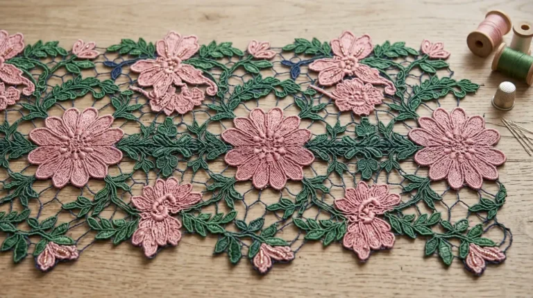 Corded lace fabric with a two-tone floral pattern showing raised cord texture Caption