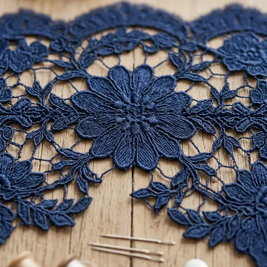 Diagonal lace pattern matched carefully across a garment seam Caption